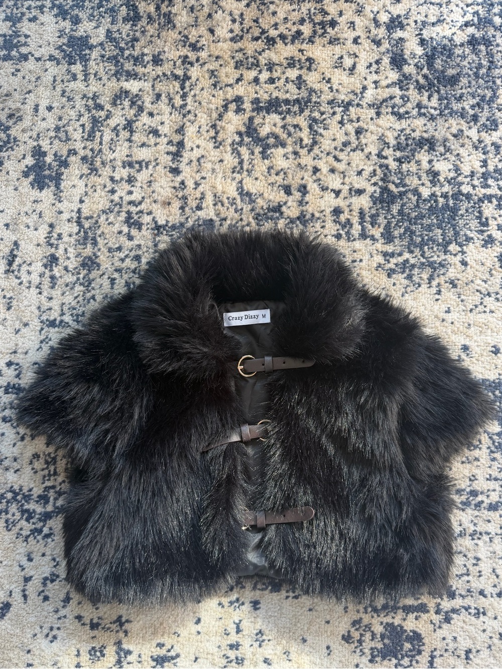 Y2K Black Faux Fur Cape with Buckle Closures by